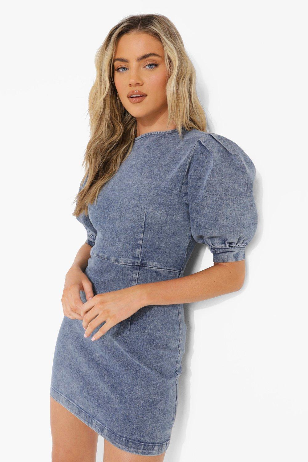 Denim Volume Sleeve Bodycon Dress